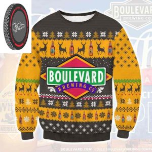 Boulevard Brewing In Yellow And Black Background Christmas Ugly Sweater 2023