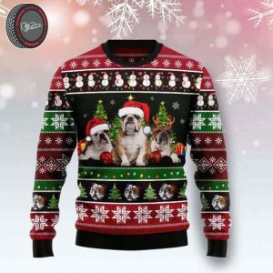 Bulldog Group With Snowman And Snow Christmas Ugly Sweater 2023