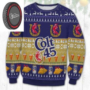 Colt 45 On Blue And Yellow Christmas Ugly Sweater 2023